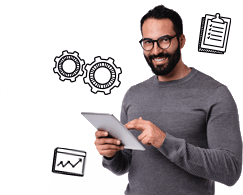 homme souriant avec une tablette et des illustrations de diagrammes